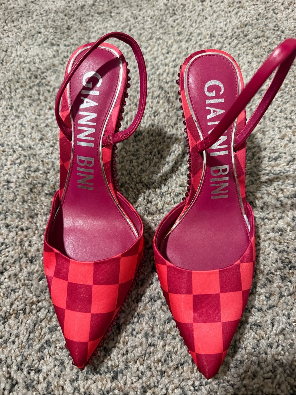 Gianni Bini Red & Dark Red Checkered Pointed Slingback Heels